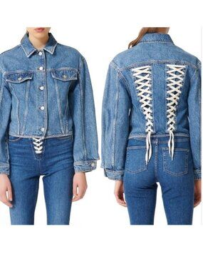 Maje Bisou Lace Up Denim Jacket Corset Back Blue Jean Jacket Size 36